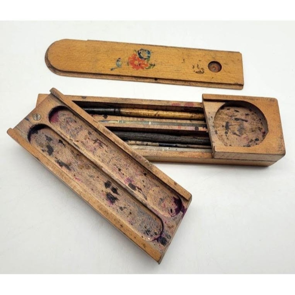 VTG French Pencil Paintbrush Art Box Antique Slide Top Wood 3 Tier MCM Flowers